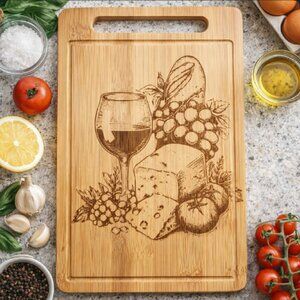 Custom Laser Engraved Bamboo Cutting Board - 12 X 7.75 Inch -Wine/Cheese Images
